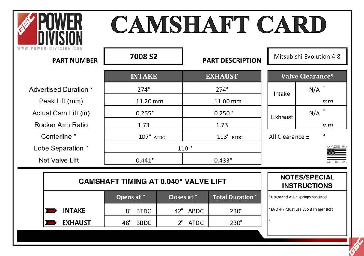 GSC S2 Billet Camshaft Set 274/274